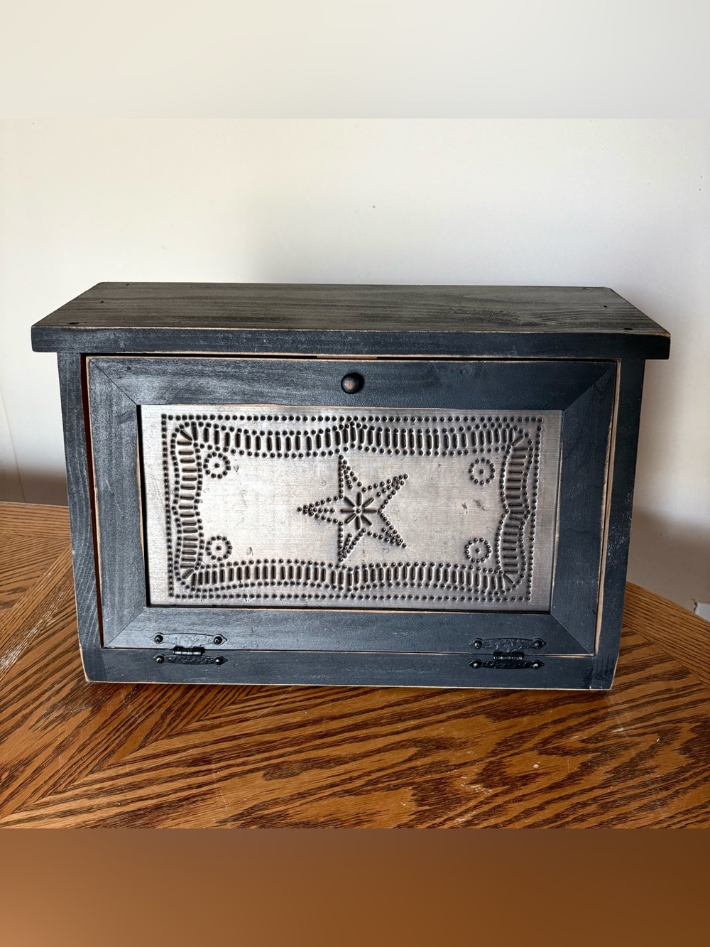 Vintage Star Punched Tin Front Wooden Black Bread Box